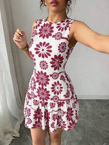 SHEIN Elenzya Đầm mini nữ phong cách Bohemian mới nhất cho mùa tốt nghiệp, kiểu Pháp thanh lịch, họa tiết hoa in dệt, cổ tròn, không tay, chiết eo, trang phục đi chơi, trang phục mùa hè, xuân/hè - Đỏ - Xem 6