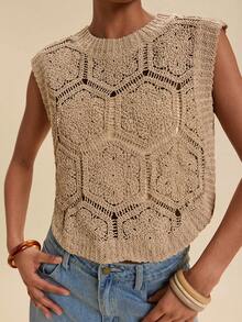 Travachic 度假休閒純色鏤空針織上衣 - 卡其色 - 查看 7