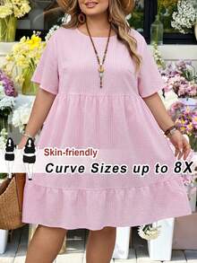 SHEIN CURVE+ فستان كاجوال للنساء بمقاسات كبيرة بنقشة مربعات وياقة دائرية وأكمام قصيرة وحافة مكشكشة - متعدد الألوان - مشاهدة 2