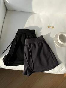Comfortcana 2件套女士纯色系带休闲短裤套装，日常穿着，黑色和棕色 - 彩色 - 查看 3