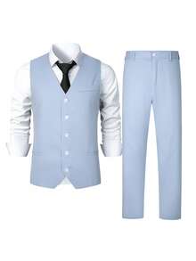 Manfinity Bizformal 男士婚禮 2 件套春/夏背心西裝套裝，淺藍色面料，成熟商務風背心、長褲，正式款 - 淺藍色 - 查看 4