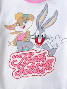 LOONEY TUNES X SHEIN 青少年女孩字母印花短袖T恤與短褲家居服 - 粉色 - 查看 4