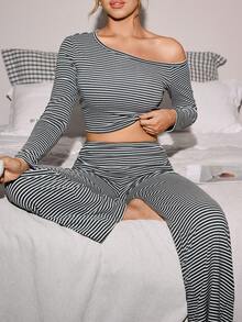 Lowkey Lull 女士不对称领条纹印花长袖上衣和裤子家居服套装，条纹两件套，休闲两件套家居服，女士秋冬服装，舒适优雅细节，露肩两件套，女士两件套套装 - 彩色 - 查看 7