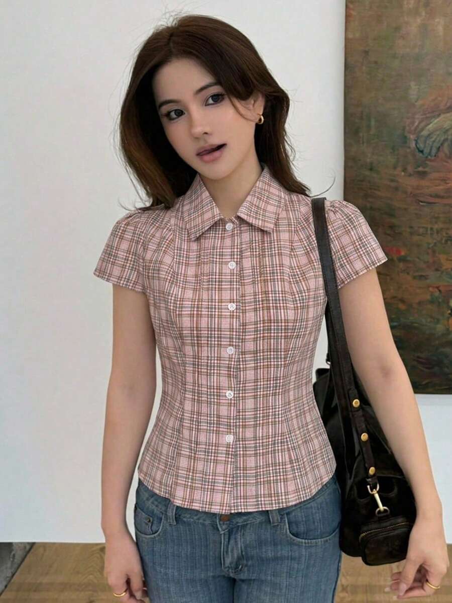 DAZY 格紋圖案翻領修身短袖女款襯衫 - 粉色 - 查看 1