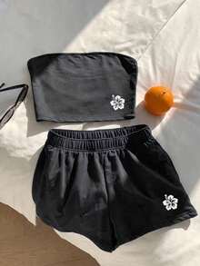 Comfortcana Bộ 2 món họa tiết hoa phong cách thường ngày mùa hè, 95% cotton, phù hợp cho mùa hè - màu đen - Xem 5