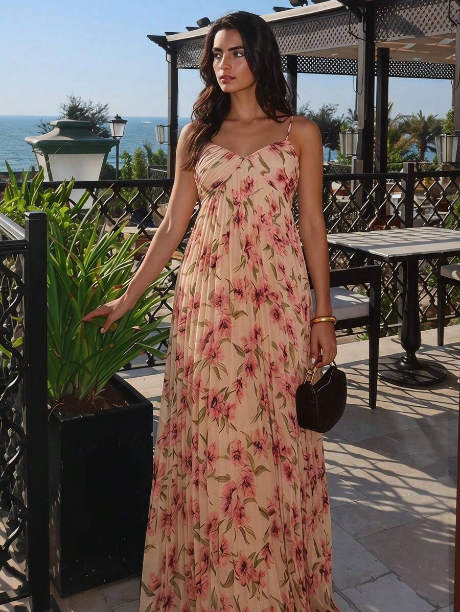 Enchnt Summer Romantic Sexy Women's Pastal Floral Print Pleated Camisole Dress Fashionable For Vacation Sea Beach Golf Dress Holiday Outfits Chic