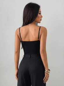 SHEIN PETITE 95%棉、加墊、免內衣、休閒、極簡、復古、優雅、百搭，適合上班、海灘裝、度假穿搭，女款夏季套裝，性感無肩帶露背女式連身衣 - 黑色 - 查看 2