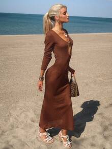 Sydney Algeri 1 Stück Damen Strick Kleid mit V-Ausschnitt, Langarm und Fischschwanz-Silhouette, einfarbig, für Herbst/Winter, Weihnachten, Hochzeit, Cocktailparty, Galaanlässe, Urlaub - Braun - Übersicht 3