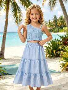 SHEIN Elladie kids 女童新款清新度假風單肩抹胸無袖上衣 + 藍白直條紋紋理層次荷葉邊裙 2件套，適合海灘度假、外出、公園、短途旅行、生日派對、下午茶、親子活動、遊樂園、夏季 - 藍色 - 查看 4