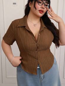 CovetEZ Spring/Summer Wave Pattern Jacquard Casual Solid Color Front Button Plus Size Short Sleeve Slim Fit Flattering Shirt - Brown - View 3