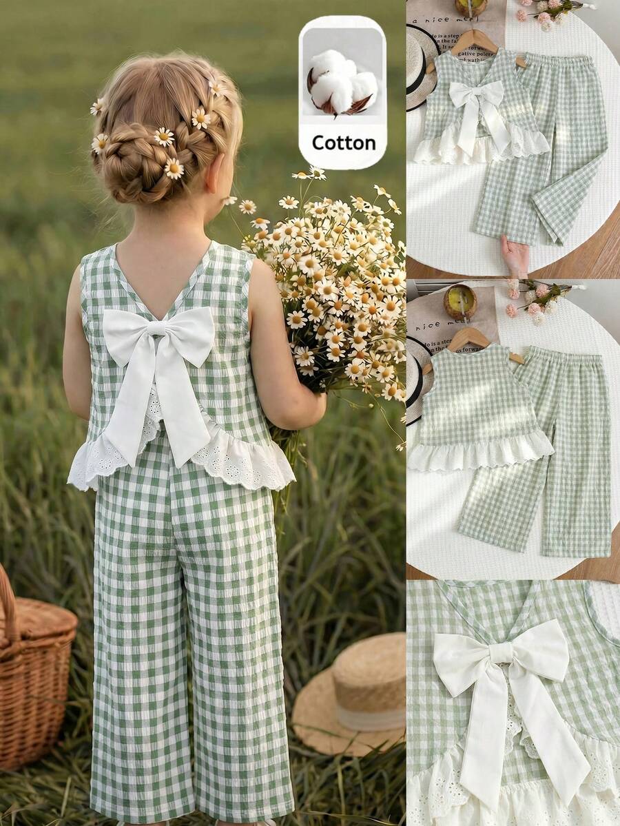 Emery Rose Kids Emery Rose Kids 少女編織格紋圓領休閒背心與長褲2件組 - 綠色 - 查看 1