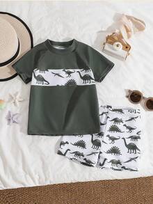 SHEIN Young Boy Casual Minimalist Vacation Coconut Tree Pattern Print Contrast Sleeve Loose Round Neck Short Sleeve T-Shirt Shorts Swimsuit Suitable For Summer - Multicolor - View 4