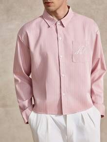 Courvante 男士休閒通勤條紋印花刺繡字母長袖襯衫，春夏/秋季，適合網球男友、商務穿著 - 淺粉色 - 查看 6