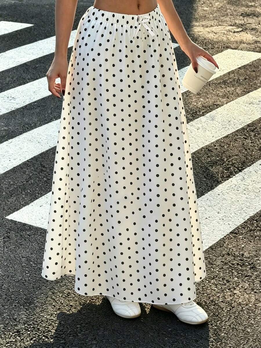 SHEIN 少女波点高腰系带荷叶边下摆长裙,宽松舒适优雅假日长裙 - 白色 - 查看 1