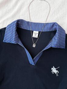 SHEIN 青少年女孩夏季休閒度假針織撞色刺繡圖案POLO領腰部打褶修身短袖T恤 - 藏蓝色 - 查看 5