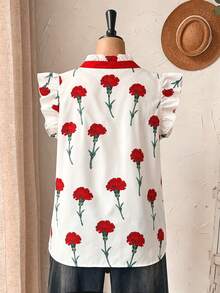 Elenzga Plus Size Women's Casual Daily Outing Fitted V-Neck Notch Collar Flutter Sleeve Floral Print Blouse - Multicolor - View 2