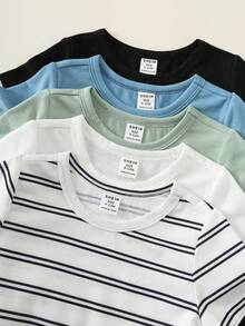 SHEIN 男女通用新生兒嬰兒男嬰女嬰 5件/套 春夏休閒百搭 素色與條紋高彈力羅紋短袖連身衣套裝，易穿脫嬰兒連身衣，服裝套裝 - 彩色 - 查看 7