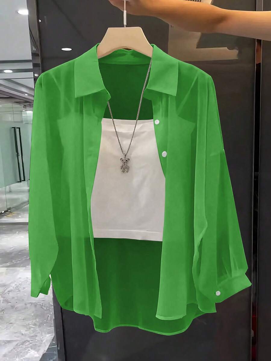 Franclia Turn-Down Collar Basic Sheer Solid Color Minimalist Shirt - Green - View 1