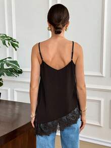 Elegant Women's Summer Camisole In Solid Color With Lace Patchwork And Side Slit - Army Green - View 2