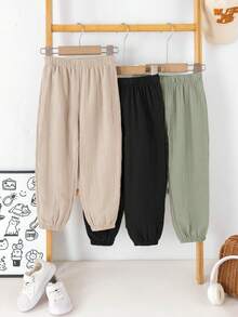 SHEIN LMoss Kids 3件/套可愛休閒百搭舒適親膚柔軟純色鬆緊腰長褲套裝，適合青少年男孩和女孩，適用於春、夏、秋季，日常穿著、外出、學校、派對和假期 - 彩色 - 查看 2