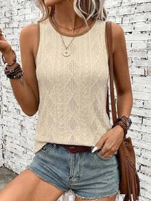 SHEIN LUNE Women's Textured Patterned Fabric Beige Tank Top, Versatile Summer Style Vacation Boho - Coffee Brown - View 4