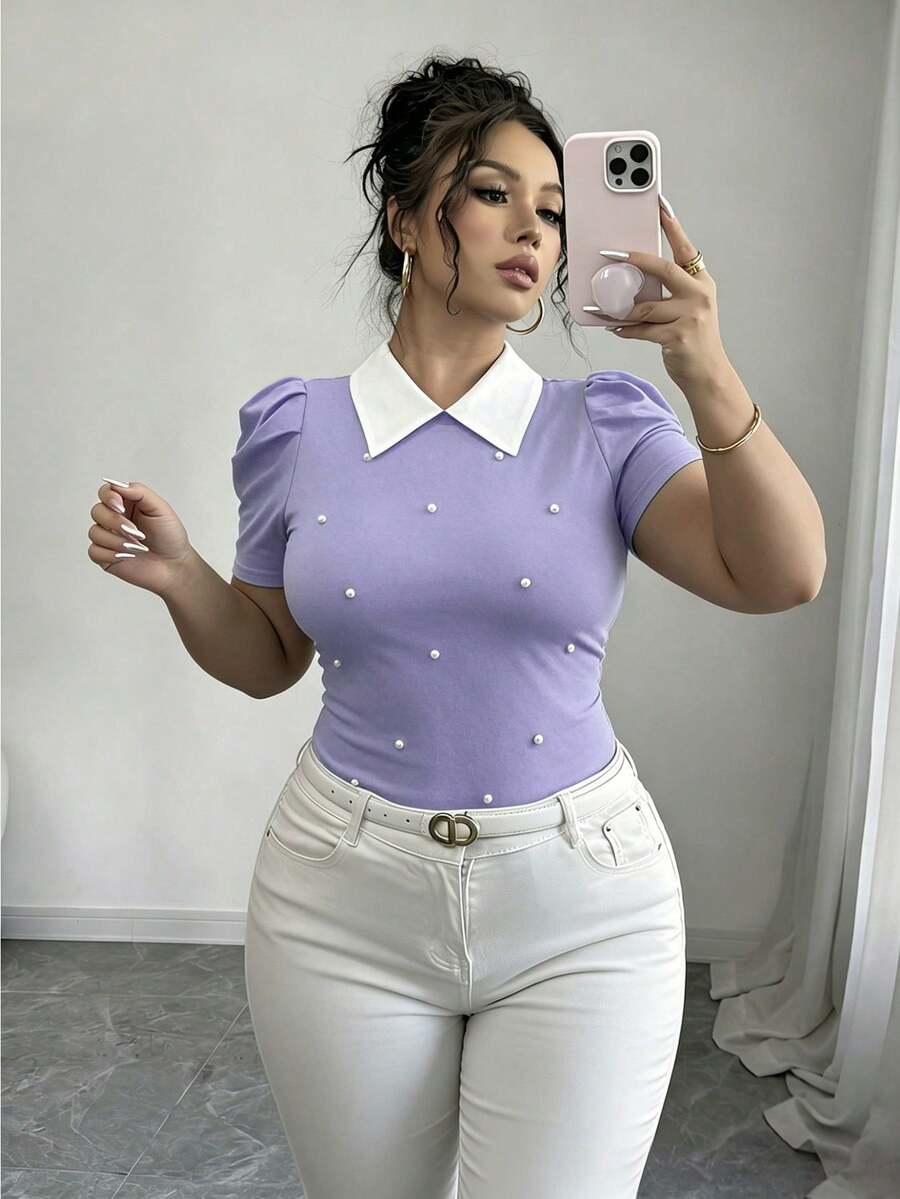 Elenzga 夏季珍珠裝飾 3D 泡泡袖法式復古風短版修身大尺碼 T-shirt - 淡紫色 - 查看 1