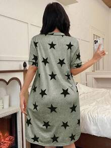 SHEIN 美国休闲星形印花V领短袖女士睡裙 - 彩色 - 查看 2