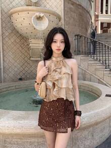 SHEIN MOD Women's Brown Sequin Mini Skirt With Tie-Up Low Waist,Side Slit,Summer 70s Party Bling Rave Festival Halloween Goth Western Style Drawstring Skirt - Coffee Brown - View 2