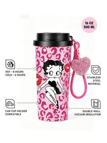 Betty Boop x SHEIN 500ml /16 Oz 真空保溫不鏽鋼杯，1個防漏蓋，適用熱飲/冷飲，適合大多數杯架，禮物首選，派對、節日、情人節 - 玫紅色 - 查看 2