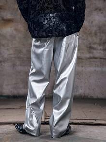 Skyrend Men's PU Leather Pocket Loose Fit Wide Leg Pants Silver Pants Flare Pants Metallic Pants Reflective Pants Rave Pantsemo Grunge - Silver - View 2
