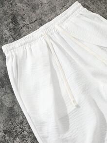 Manfinity Swimmode 男士純色抽繩腰口袋休閒運動短褲，度假風 - 白色 - 查看 4