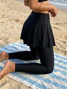 Livesso Women's Solid Color 2 In 1 Swimsuit Dress With Long Pants For Vacation - Black - View 2