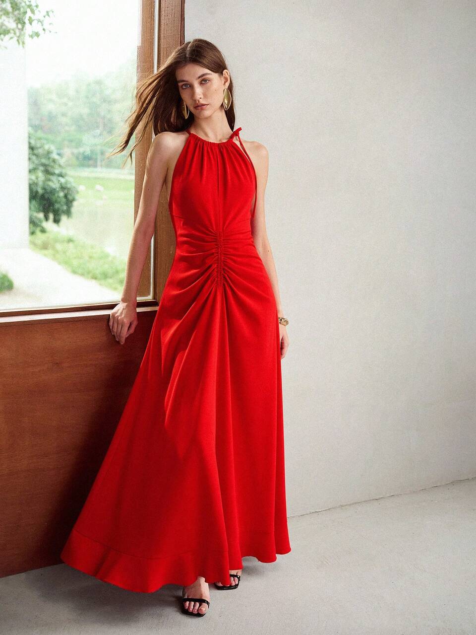 RED RUCHED WAIST KNOT HALTER NECK DRESS VACATION SUMMER ELEGANT