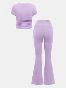 SHEIN Girlism 青少年女孩休閒日常修身淺藍色抓皺圓領上衣與腰部抓皺喇叭褲套裝 - 紫色 - 查看 2