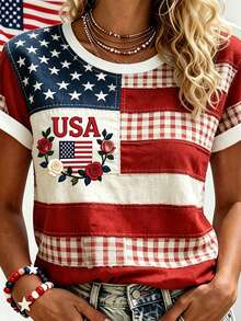 EMERY ROSE Camisetas con estampado floral de la bandera estadounidense para mujeres, camisetas gráficas patrióticas del 4 de julio, Día de la Independencia, camisetas con estrellas y rayas - Rojo - Ver 3