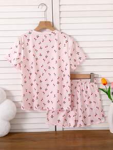Girls' 2pcs Cute Ditsy Floral Short Sleeve Round Neck Casual Loungewear Set - Pink - View 2