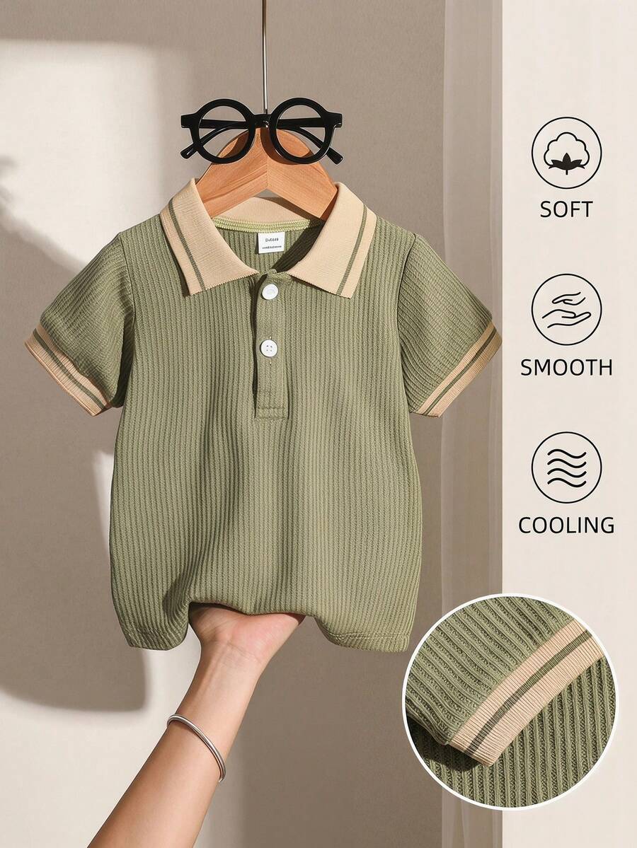 SHEIN Vintaside Kids 嬰兒男童鼠尾草綠華夫格 Polo 衫 夏季休閒短袖半開襟上衣 復古返校職業日穿搭 幼童服飾 6M-3T - 軍綠色 - 查看 1