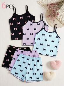 SHEIN 3-Piece Tween Girl Pajama Set Round Neck Sleeveless Spaghetti Strap Camisole Shorts Summer Black Pink Beige Bowknot Print Casual Homewear Loungewear Lightweight Breathable Polyester Smooth Fabric Lettuce Edge Wavy Trim Comfortable Relaxed Fit Stylish Modern Chic Sleepwear - Multicolor - View 3