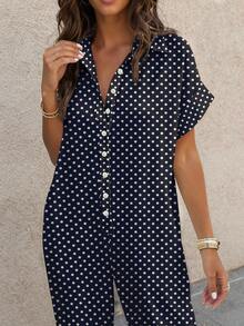 EMERY ROSE Lazy Vacation Style White Linen Texture Lapel Short Sleeve Wide Leg Jumpsuit - Navy Blue - View 3