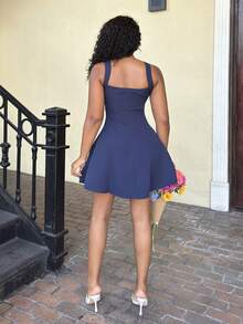 Alexandranx Damen Lässig Sommer Urlaub Einfarbig Tief ausgeschnitten Tailliertes Kleid Mini Kurz Damen Outfit Elegant Party - marineblau - Übersicht 2