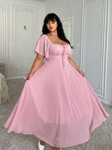 Lyrianda Váy mùa hè nữ size lớn phong cách thường ngày đi nghỉ dưỡng lãng mạn họa tiết hoa nhí - Hồng - Xem 3