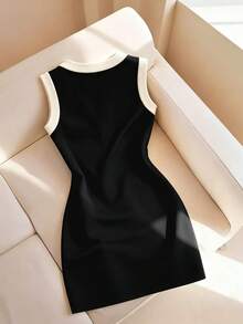 SHEIN Franclia 女款新款極簡百搭合身無袖中長洋裝，適合通勤 - 黑色 - 查看 2