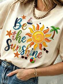 DrmWander 女款 Be The Sunshine 印花短袖T恤，夏季海灘棕櫚樹與太陽圖案休閒上衣 - 杏色 - 查看 4