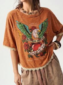 Bohemela Casual Solid Color Knit Round Neck Short Sleeve Loose Washed Women's T-Shirt - Orange - View 4