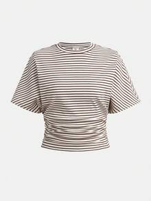 SHEIN Girlism Kids Teen Girls T-Shirts Spring/Summer Striped Knit Crew Neck Fitted Waist Short-Sleeved T-Shirt, Perfect For Graduation And Back-To-School Season - Coffee Brown - View 5