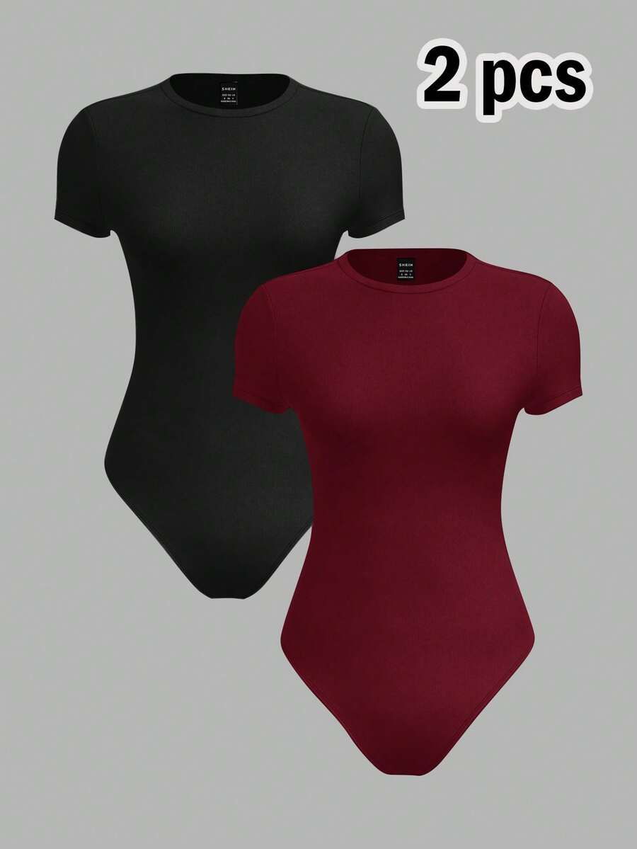 SHEIN BASICS 2pcs Minimalist Style Women's Bodysuit, Versatile For Spring & Summer Summer Clothes - Multicolor - View 1