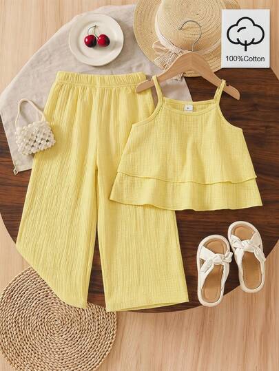 SHEIN Elladie kids 女童荷叶边吊带上衣和裤子套装，舒适时尚，适合夏季度假