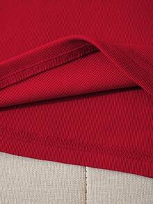 Resyla Camiseta de tirantes versátil de moda para mujer con estampado de letras y cuello redondo de color en contraste - Rojo - Ver 5