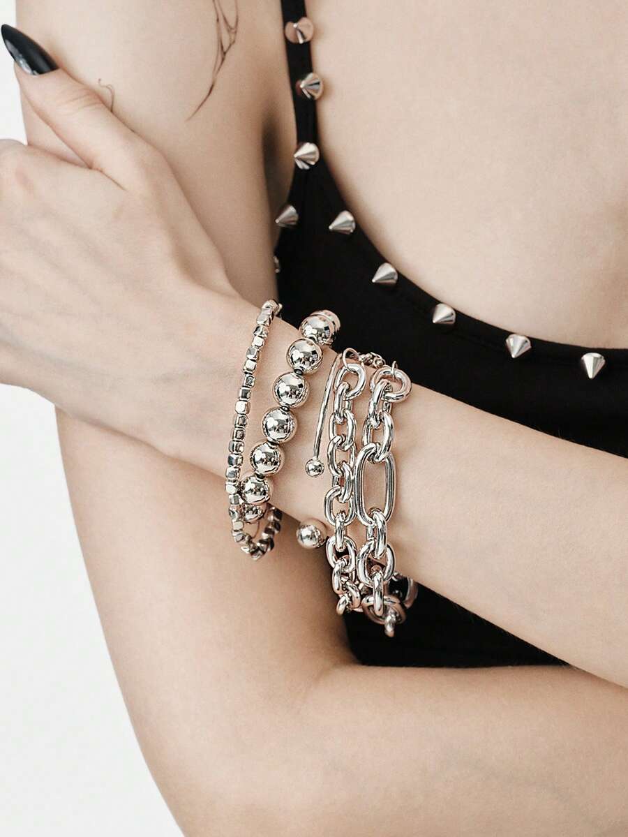 MortiRose Set Gelang Rantai dan Manik-Manik Tebal Berlapis Desain Koin Kuno Minimalis Berlebihan Bergaya Vintage 5 Buah, Cocok untuk Kencan, Liburan, Pemakaian Sehari-hari, Pesta, dan Hari Raya. - Perak - View 1