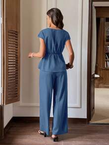 Serisse Women's Summer Casual Solid Color Shirt And Long Pants Two Pieces Set - Blue - View 2